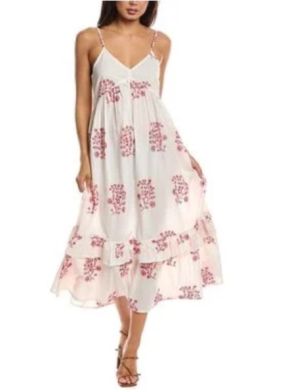 Maison Anana Tiered Maxi Dress Cotton Red Floral Embroidered White Size Smal